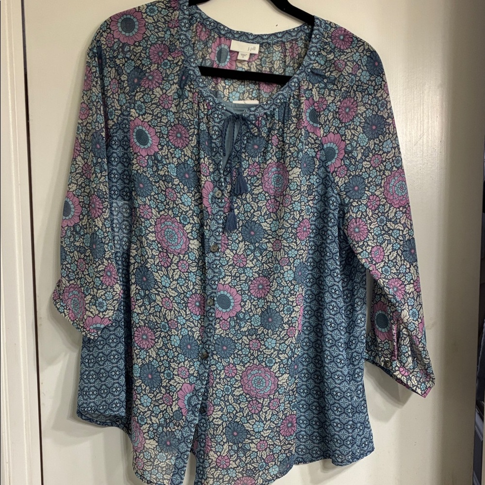 NWT J. Jill Blue and Pink Floral Blouse with Perfect Tank